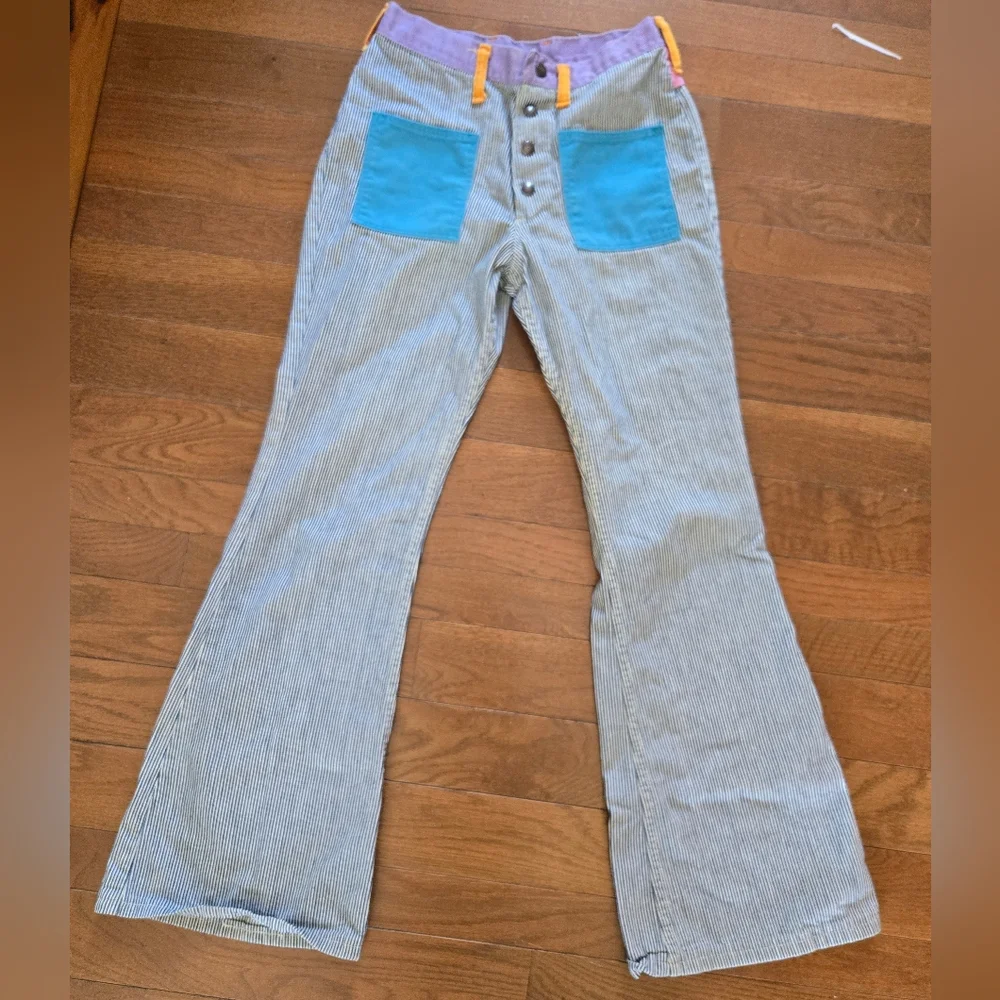 1960s Wranglers Colorblock Flare 26" Waist Women Pinstripe Denim Mod Retro Vtg - Picture 2 of 12